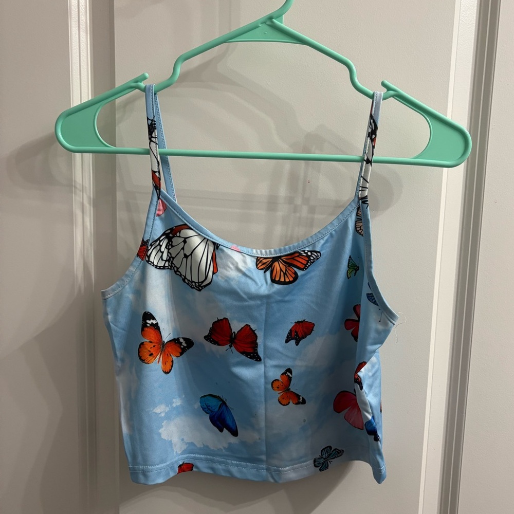 ROMWE Blue Butterfly Print Crop Top